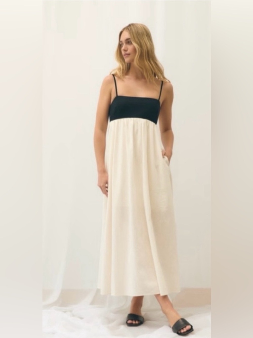 Abercrombie & Fitch Tieback Babydoll Maxi Dress in Cream Black Linen